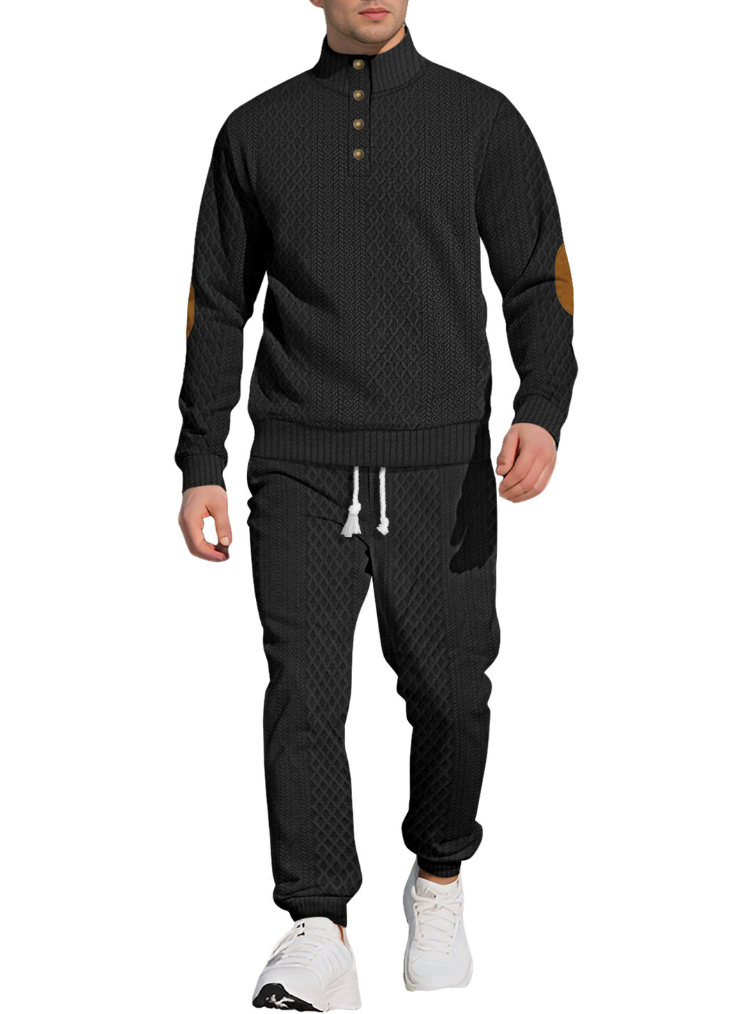 Men's patterned knit leisure set with half-button stand collar suede elbow patches and drawstring joggers Mune Fashion