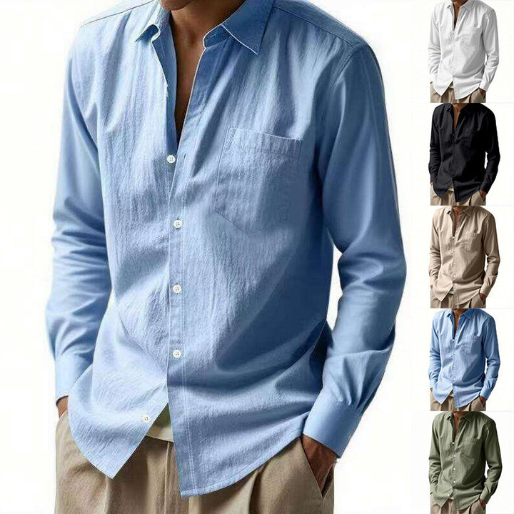 Men's Resort Long Sleeve Shirt made of Linen Voile with Open Kent Collar and Patch Chest Pocket Mune Fashion