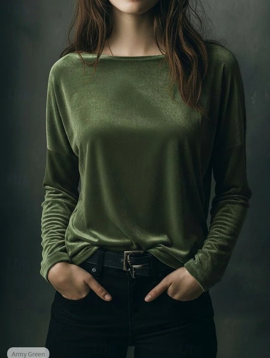 Women's fine velour long-sleeve shirt with boat neckline and boxy silhouette Mune Fashion