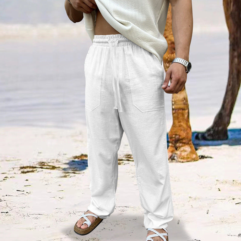 Men's airy linen relaxed pants with straight leg, patch front pockets, and elastic drawstring Mune Fashion
