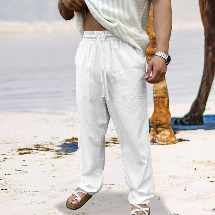 Men's airy linen relaxed pants with straight leg, patch front pockets, and elastic drawstring Mune Fashion