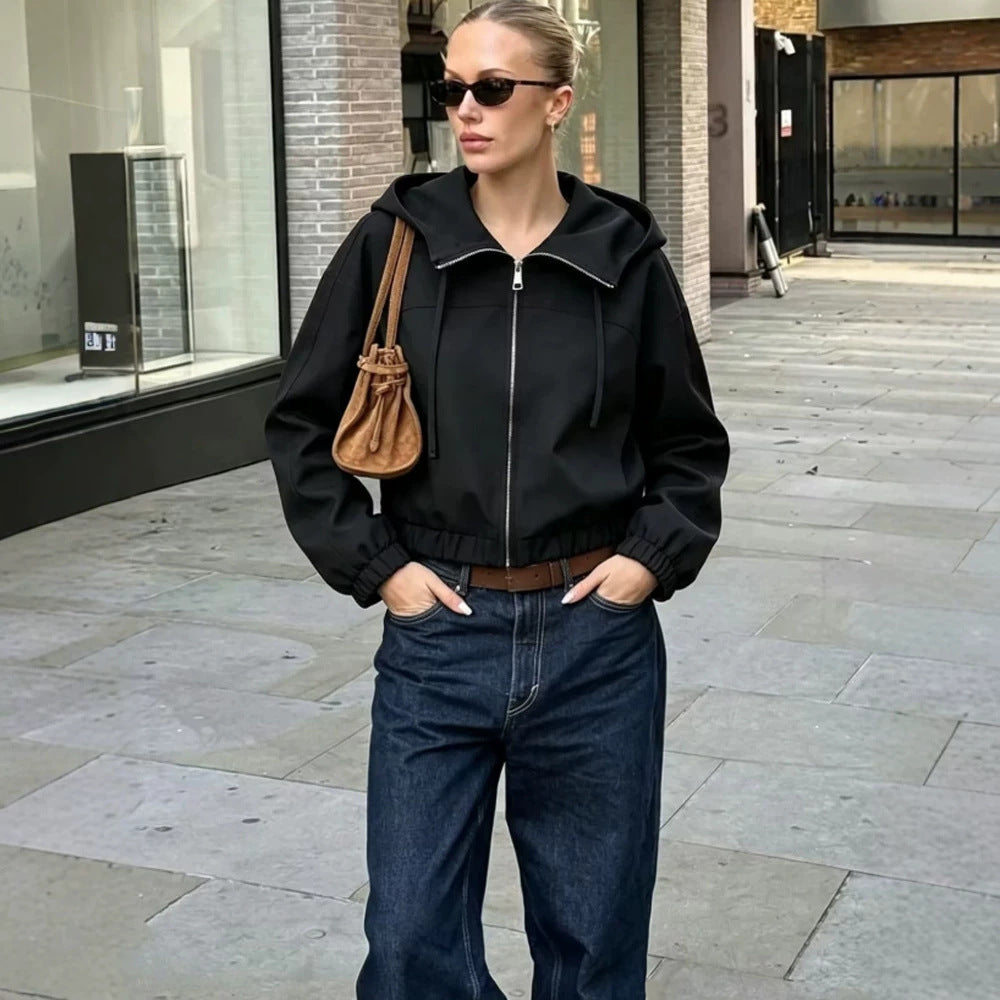 Women Light Hooded Jacket Cropped with Elastic Hem Mune Fashion