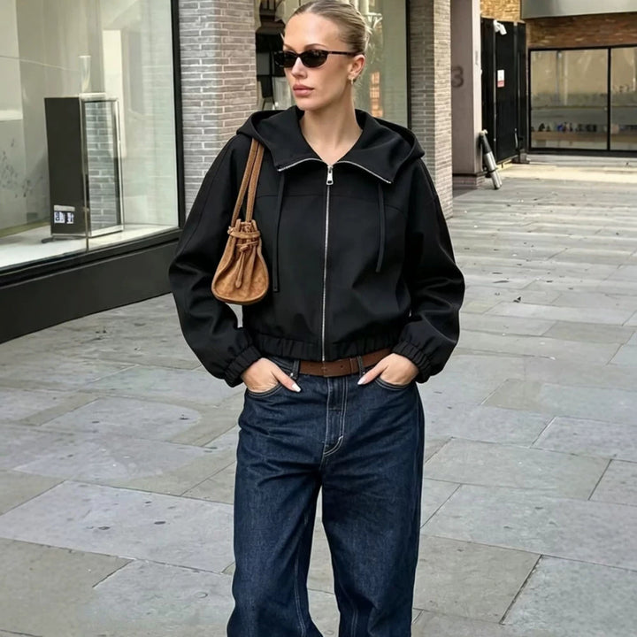 Women Light Hooded Jacket Cropped with Elastic Hem Mune Fashion