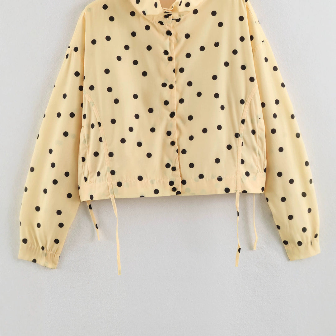 Women Spotted Cropped Blouson Jacket with Ruffle and Stand-up Collar Drune