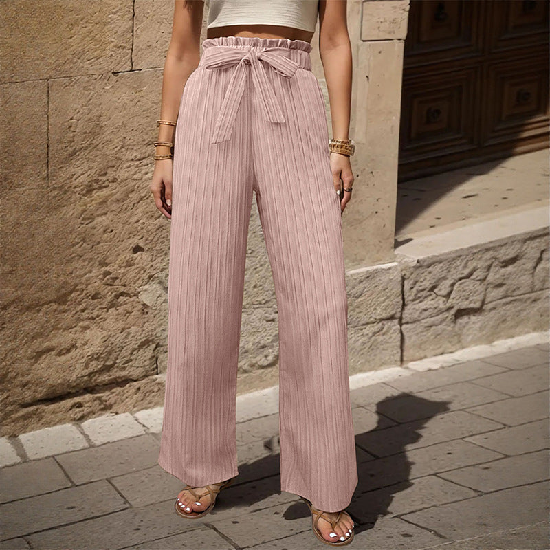 Women's Wide Pleated Trousers with Paperbag Waist and Waist Tie Belt Mune Fashion
