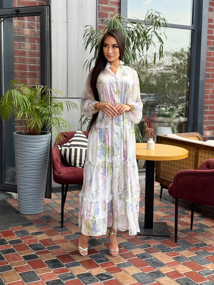 Women's Long Chiffon Tiered Maxi Dress with Ruffles & Delicate Flower Print Mune Fashion