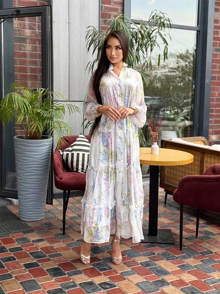 Women's Long Chiffon Tiered Maxi Dress with Ruffles & Delicate Flower Print Mune Fashion