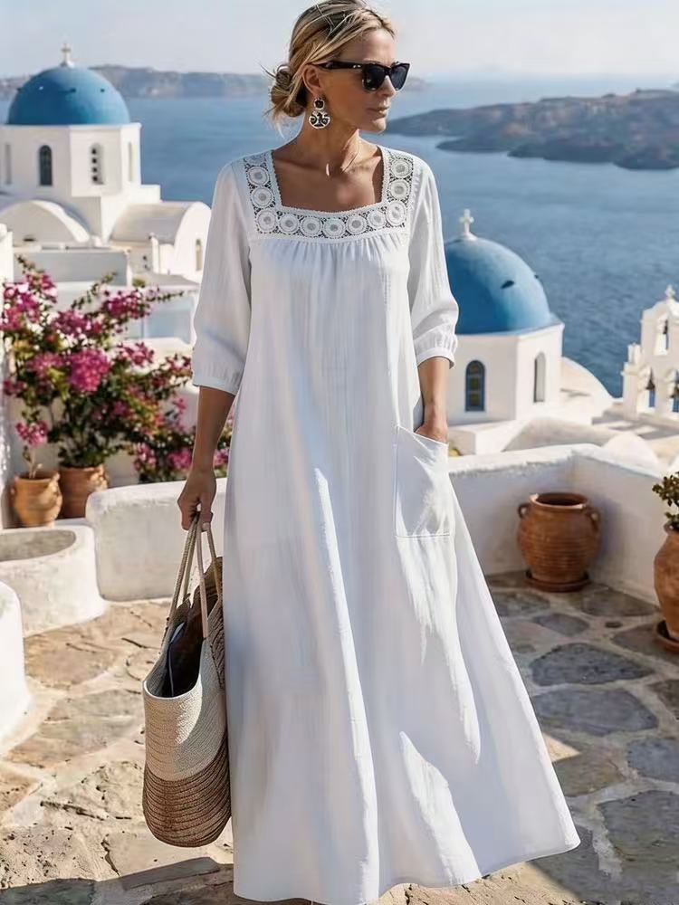 Women's maxi dress with crochet square neckline, three-quarter sleeves, and pocket Mune Fashion