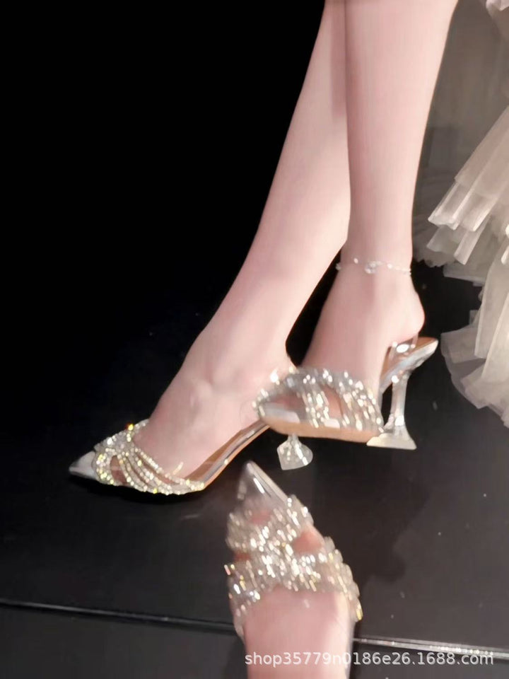 Women's pointed toe mule with sparkling crystal straps and sculptural acrylic heel Mune Fashion