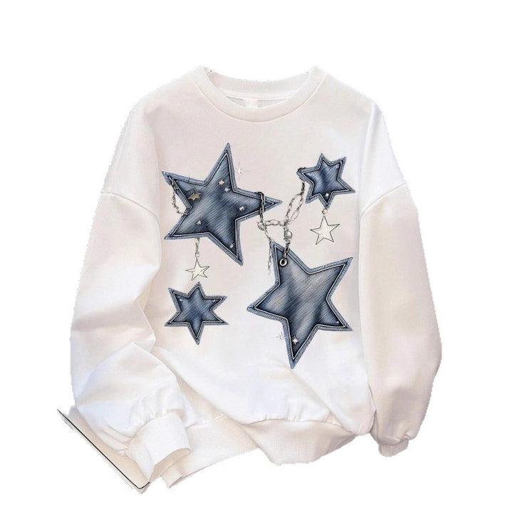 Ladies oversized casual sweatshirt with embroidered star appliqués in denim look and ribbed hem Mune Fashion