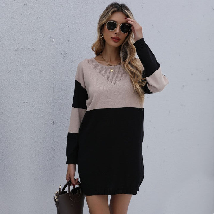 Women's fine knit mini dress with color block design, V-stitched neckline and ribbed hem