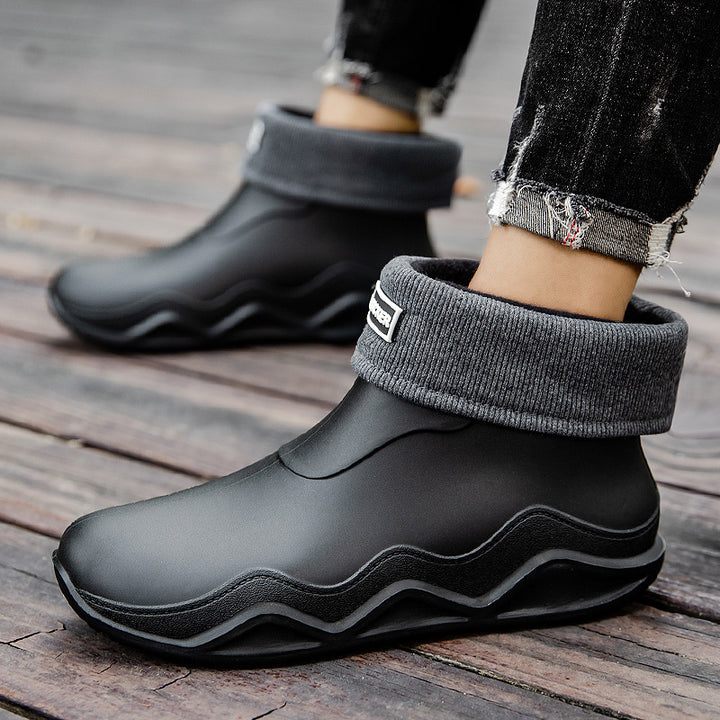 Women's Waterproof Slip-On Ankle Rubber Boot with Rolled Knit Collar Mune Fashion