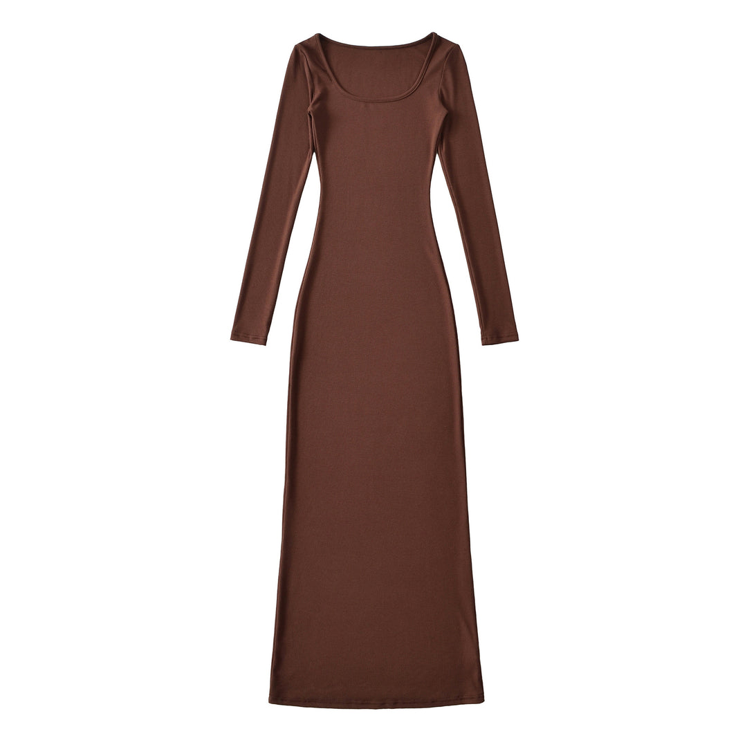 Women's figure-hugging ribbed midi dress with wide round neckline and long sleeves