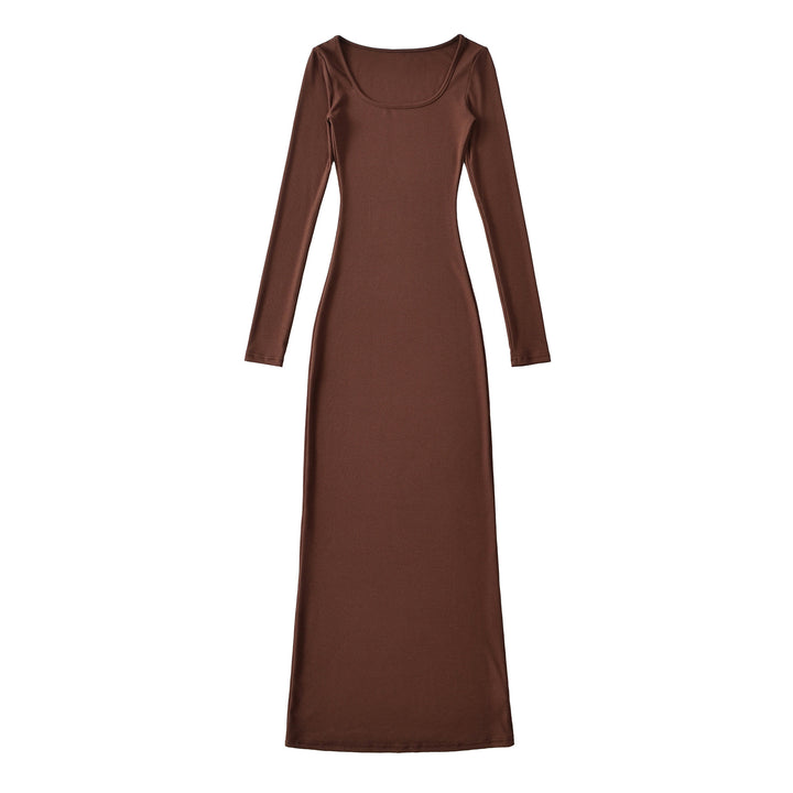 Women's figure-hugging ribbed midi dress with wide round neckline and long sleeves