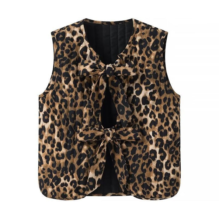 Women Sleeveless Leopard Print Vest with Ties and Textured Surface Mune Fashion