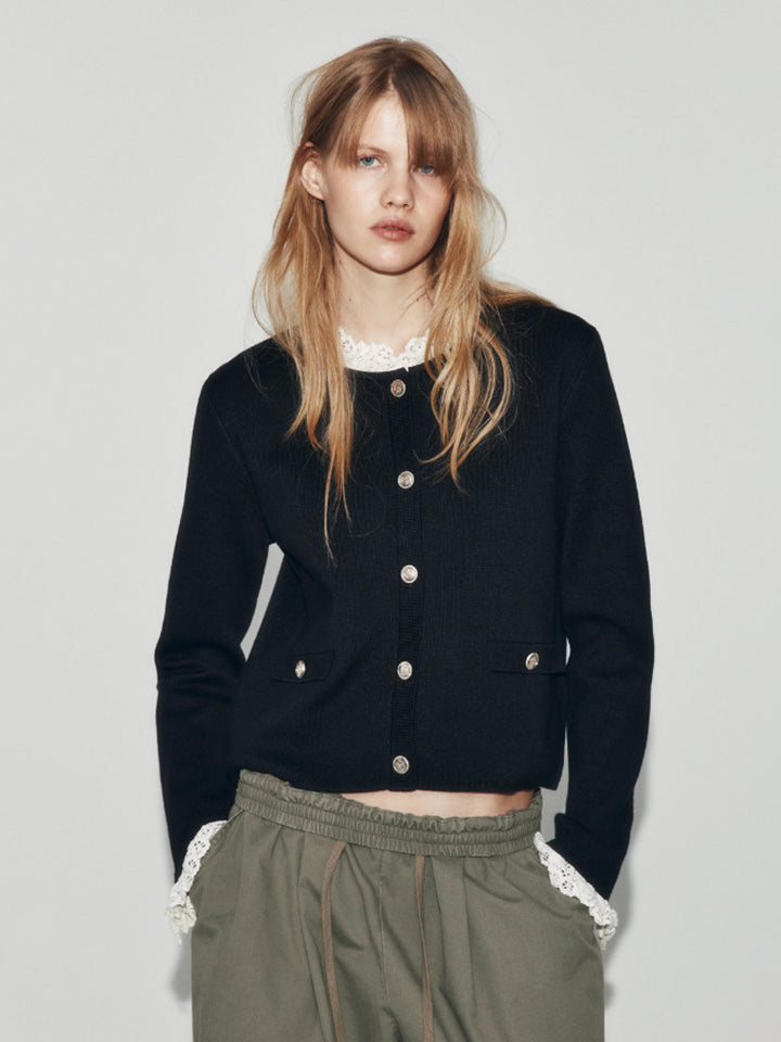 Women's Short Cut Fine Knit Cardigan with Round Neck, Decorative Buttons and Flap Pockets Mune Fashion