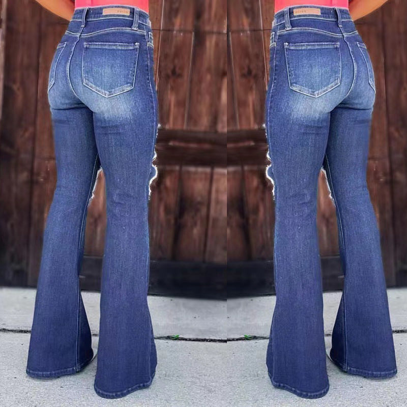 Women's nan high waist jeans with flared leg and heavy distressing at the knees Mune Fashion