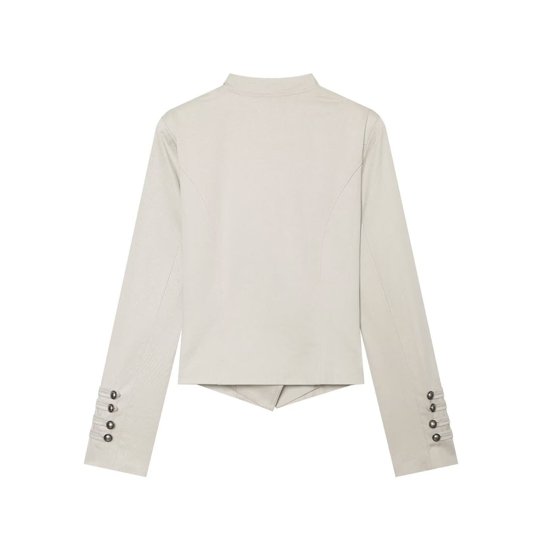 Women Short Double-Breasted Sailor Blazer with Stand Collar and Decorative Sleeve Gatherings Drune