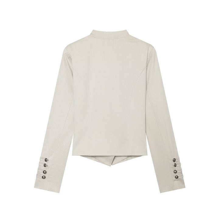 Women Short Double-Breasted Sailor Blazer with Stand Collar and Decorative Sleeve Gatherings Drune