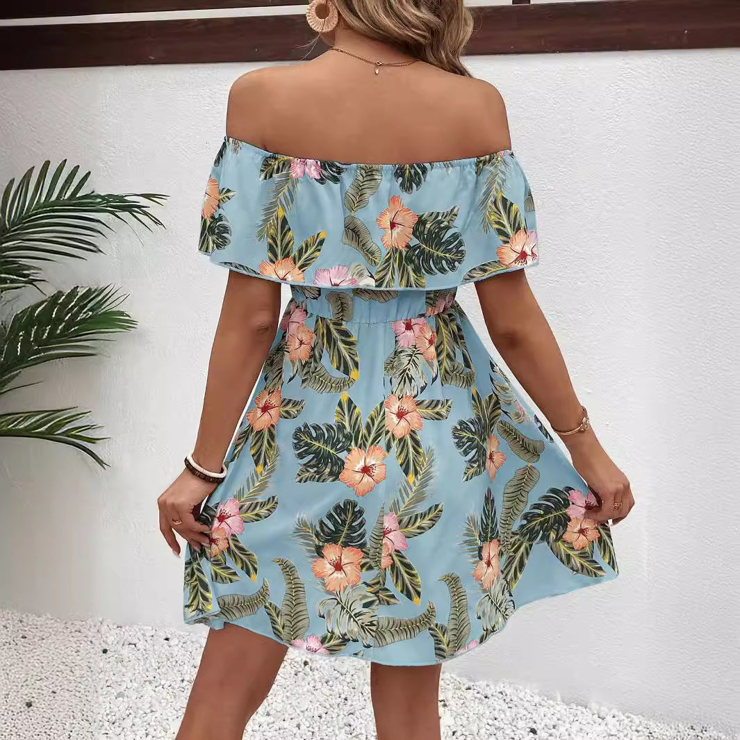Women's off-shoulder midi dress with ruffle top, elastic waistline, and flared A-line skirt Mune Fashion
