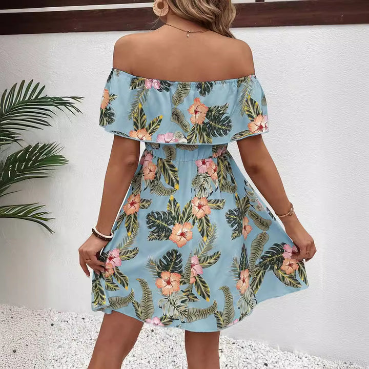 Women's off-shoulder midi dress with ruffle top, elastic waistline, and flared A-line skirt Mune Fashion