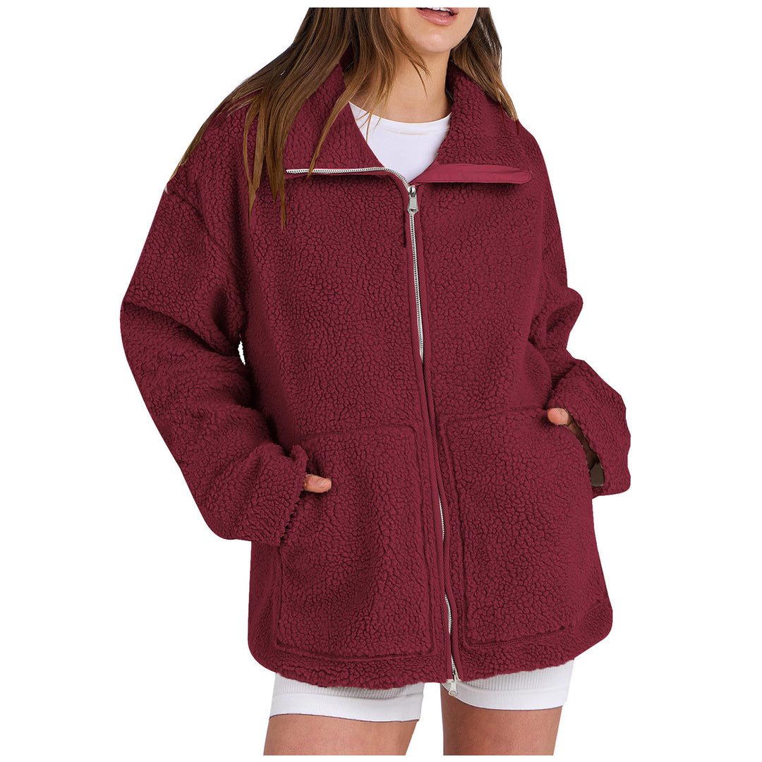 Women's oversized teddy fur jacket with stand-up collar, zipper, and patch pockets Mune Fashion