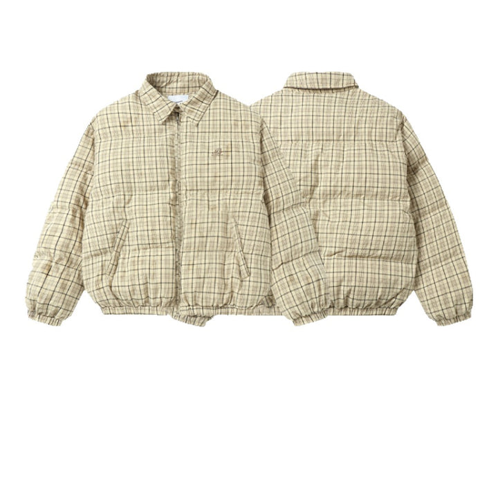 Unisex Short Cut Checked Padded Jacket with High Collar and Elastic Hem Mune Fashion