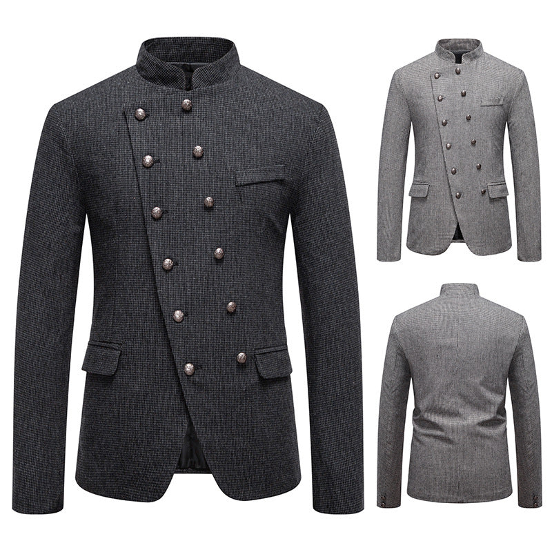 Men's fashionable military blazer with standing collar, decorative button row, and fine texture Mune Fashion