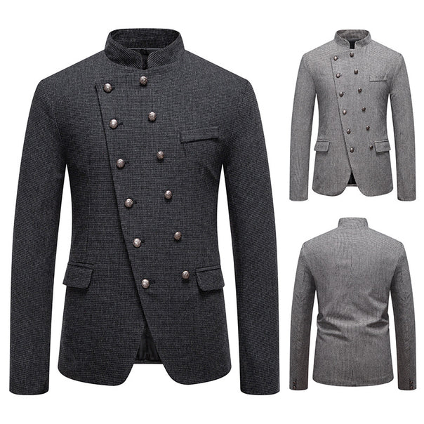 Men's fashionable military blazer with standing collar, decorative button row, and fine texture Mune Fashion