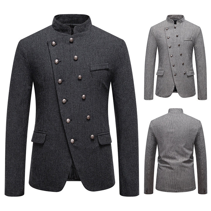 Men's fashionable military blazer with standing collar, decorative button row, and fine texture Mune Fashion