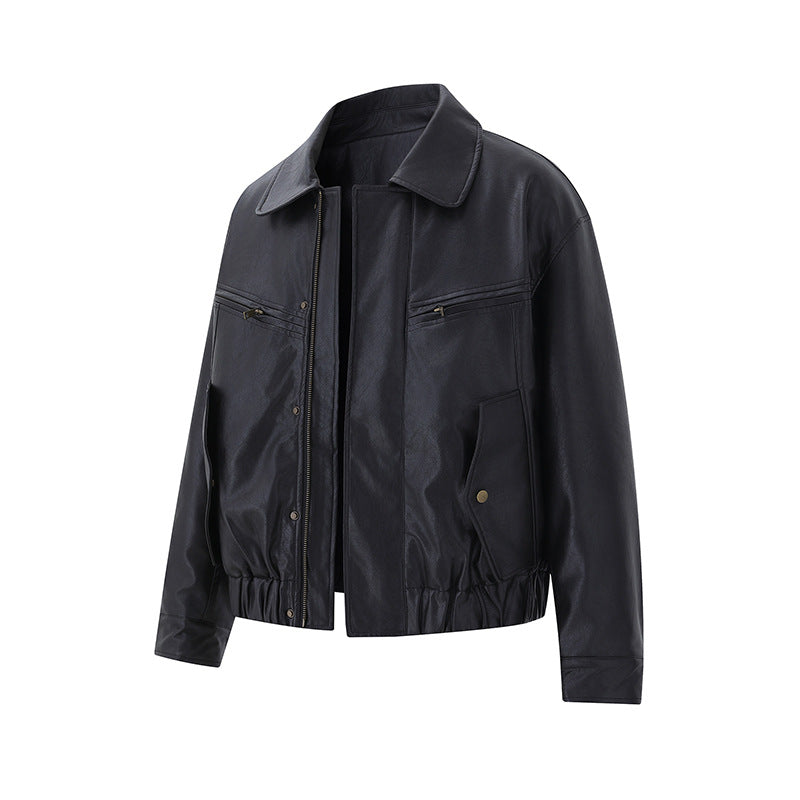 Men's Short Boxy Leather Blouson with Flap Pockets and Elastic Waistband Mune Fashion