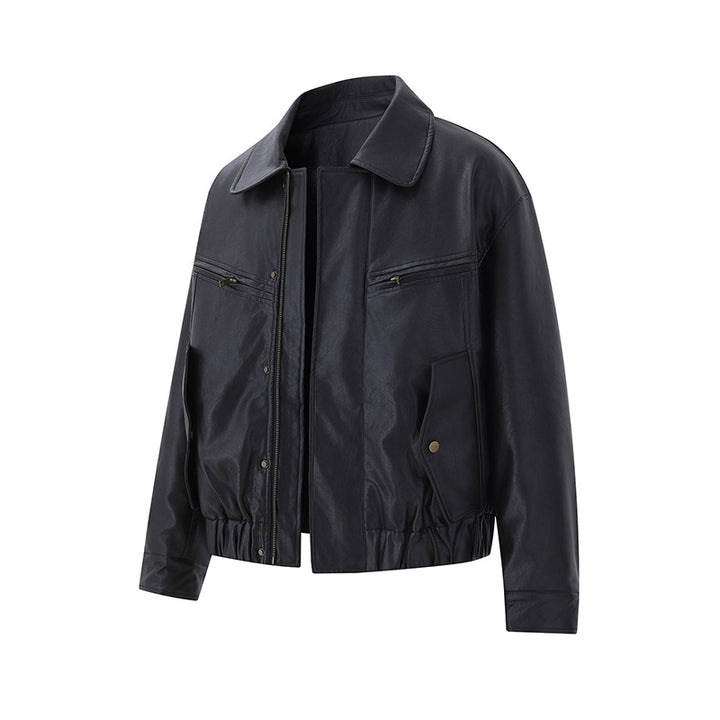 Men's Short Boxy Leather Blouson with Flap Pockets and Elastic Waistband Mune Fashion