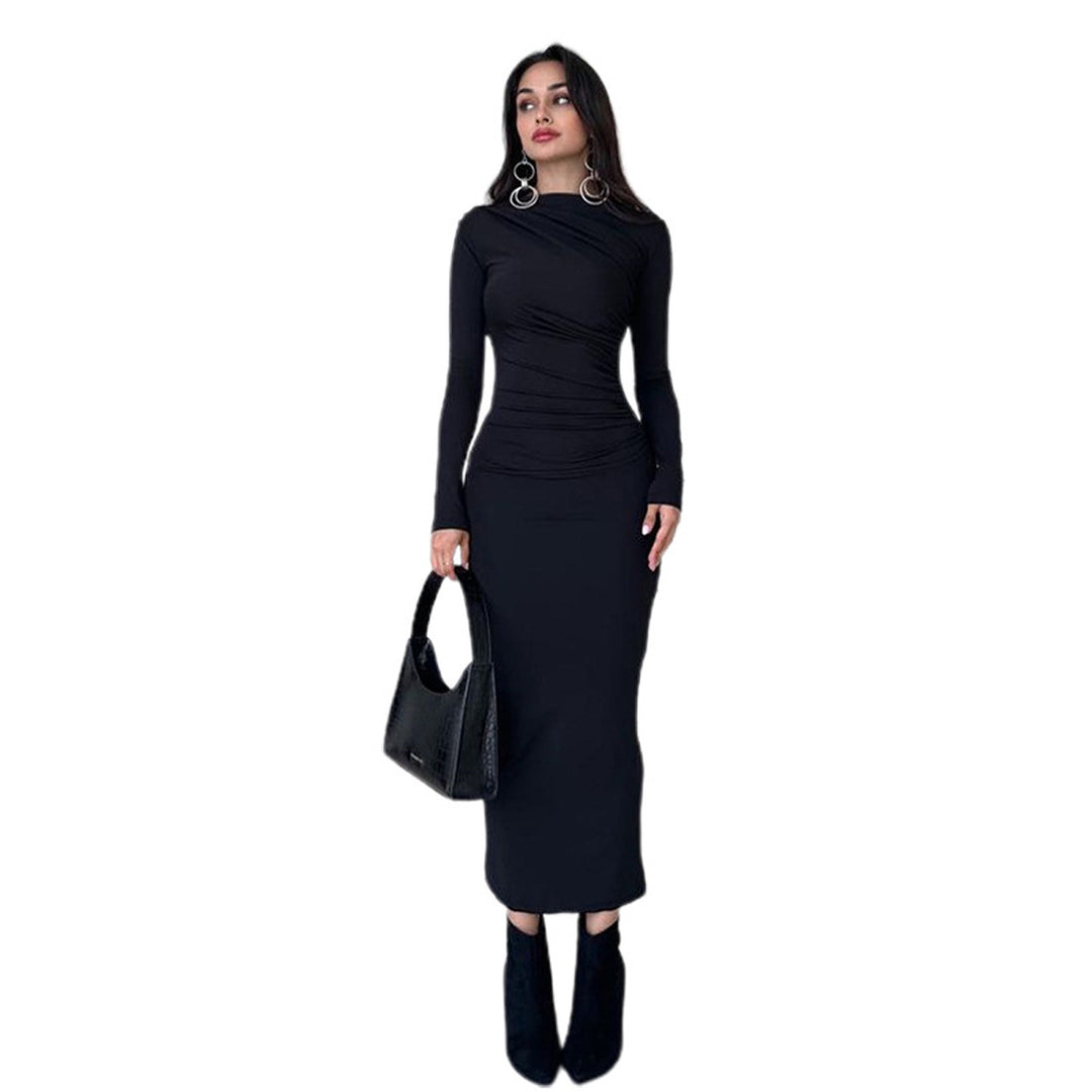 Ladies fitted maxi dress with high collar and side gathering Mune Fashion