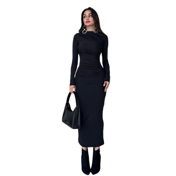 Ladies fitted maxi dress with high collar and side gathering Mune Fashion