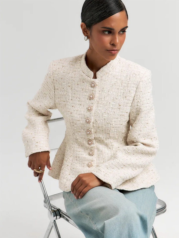 Women's Boucle Blazer with Stand Collar and Fitted Peplum Silhouette Mune Fashion
