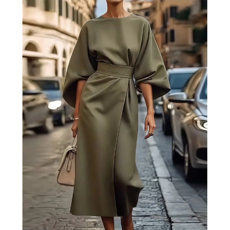 Ladies Elegant Midi Dress with Wide Kimono Sleeves and Fitted Wrap Waist Mune Fashion