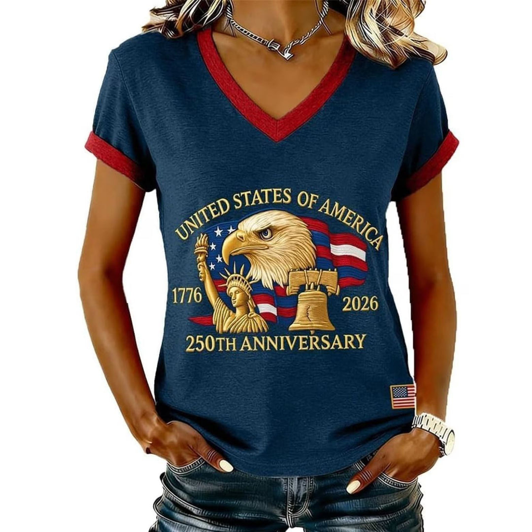 Women’s V-neck Retro Print T-shirt with Eagle Emblem and vintage-inspired Graphic Mune Fashion