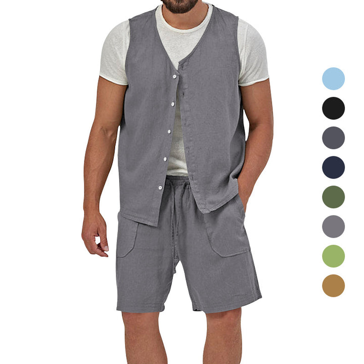 Men's two-piece leisure set with sleeveless button vest and wide drawstring shorts with patch pockets Mune Fashion
