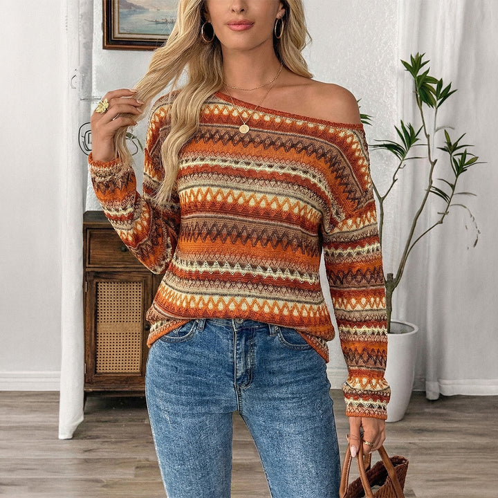 Women's oversized knit sweater with asymmetrical shoulder cut and Norwegian pattern Mune Fashion