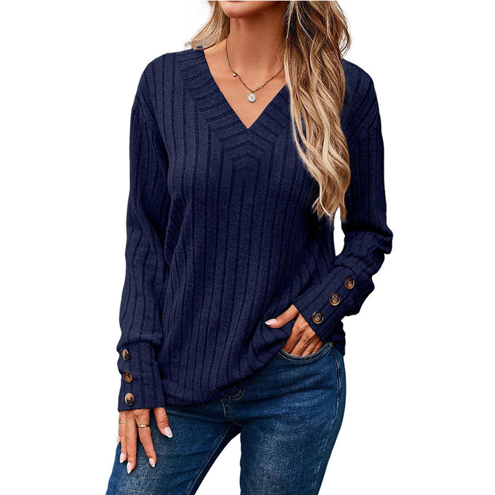 Women's Ribbed V-Neck Knit Sweater with Button Cuffs Mune Fashion