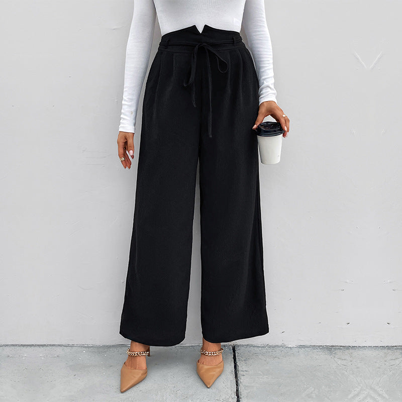 Women's Elegant Paperbag Pants with Wide Leg, High Waist and Ties