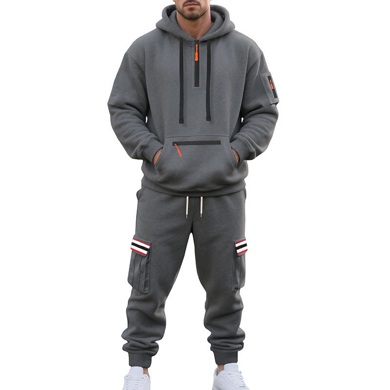 Men's Cargo Hoodie and Jogging Pants Set with Half Zip, Zipper Kangaroo Pocket and Elastic Drawstring Waist Mune Fashion