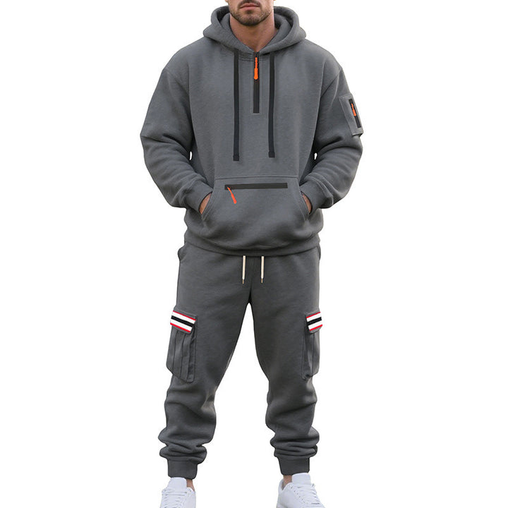 Men's Cargo Hoodie and Jogging Pants Set with Half Zip, Zipper Kangaroo Pocket and Elastic Drawstring Waist Mune Fashion
