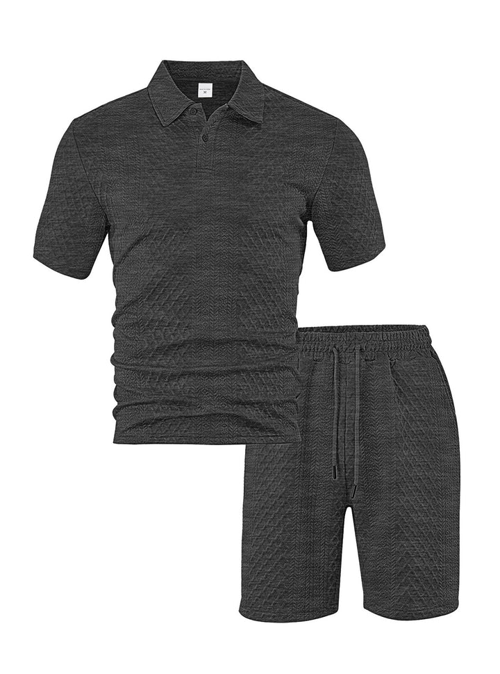 Men's elegant leisure two-piece made of textured knit with polo collar short-sleeve shirt and drawstring Bermuda Mune Fashion