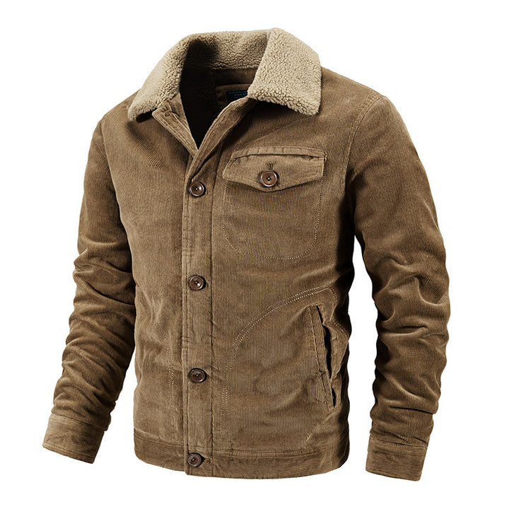 Men's cord trucker jacket with warming Sherpa collar and wooden button front Mune Fashion