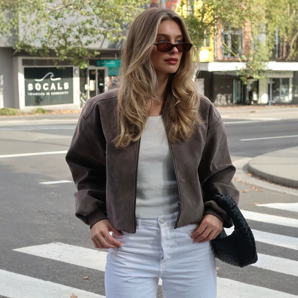 Women's Short Boxy Suede Bomber Jacket with Stand Collar and Ribbed Cuffs Mune Fashion