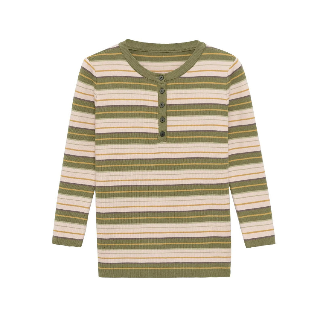 Women Striped Ribbed Henley Shirt with Button Placket and Slim Fit Mune Fashion