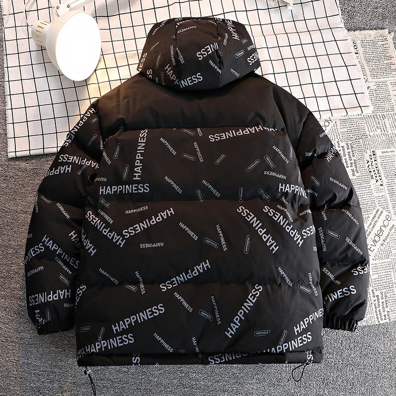 Men's Printed Padded Hooded Jacket with Contrasting Shoulder Yoke and Drawstring Mune Fashion