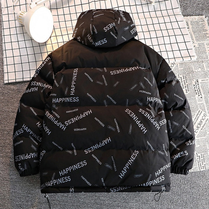 Men's Printed Padded Hooded Jacket with Contrasting Shoulder Yoke and Drawstring Mune Fashion