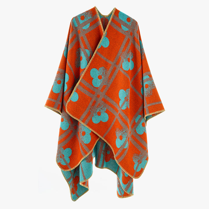 Women's Reversible Jacquard Poncho made of wool blend with floral check pattern and decorative piping seam Mune Fashion